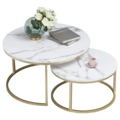 Yusong Round Nesting Coffee Tables Set Of 2, Living Room Accent Center Tables With Marble Pattern Wooden Tabletops And Gold Metal Frame, Modern Side End Tables For Bedroom, White