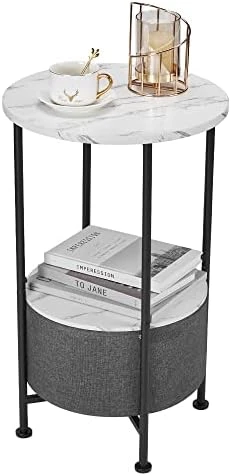 LEMONDA 26" High Marble White Round End Table With Storage,Small 2 Tiers Round Side Table With Basket For Living Room Bedroom,Round Sofa Table Nightstand Bedside Table For Small Spaces - Image 6