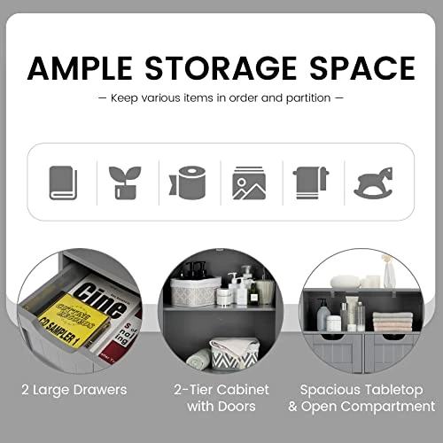 COSTWAY Bathroom Storage Cabinet, Freestanding Storage Organizer With 2 Drawers & Adjustable Shelf, Wooden Floor Cabinet For Living Room, Bedroom, Kitchen, Entryway (Gray) - Image 3