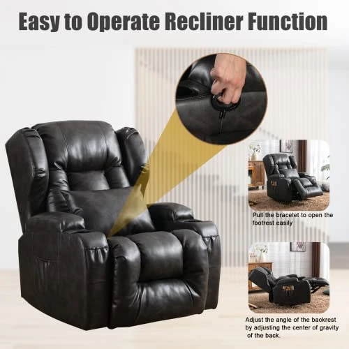 ETAGERIA Rocker Recliner Chair, 360° Swivel Glider Recliner - Ergonomic Leather Lounge Rocking Chairs For Nursery With Cup Holders/Side Pockets/Pillow For Living Room (Black Grey-1) - Image 4