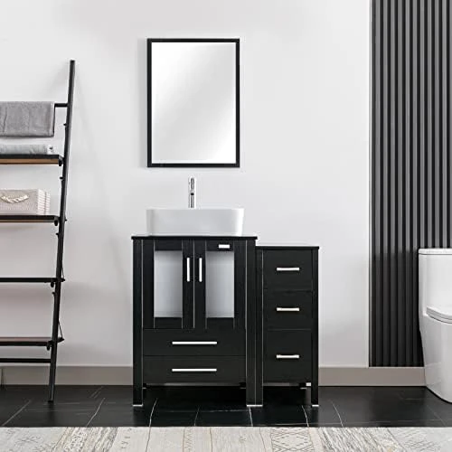 Eclife 36" Black Bathroom Vanity W/Black Side Cabinet Combo Modern Pedestal Cabinet Set Pedestal Stand Wood With Bathroom Vanity Mirror Drawers Soft Closing Cabinet Doors Set (B02B11) - Image 10