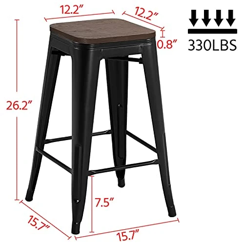 Yaheetech Metal Bar Stools 26 Inch Stackable Barstools Wooden Seat Bar Chairs Count Height Barstool With Wood Seat For Bistro/Patio/Cafe/Restaurant/Dining Room/Kitchen Set Of 4 Black - Image 2