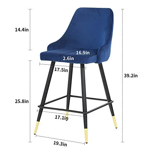 Velvet Counter Stools Set Of 4 - Upholstery Barstools Bar Stools Counter Height Stools For Kitchen Island, Modern Bar Chairs Dining Chairs With Back And Arm, Pack Of 4 Pieces (Blue) - Image 3