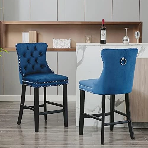 LZ LEISURE ZONE Counter Height Bar Chairs Set Of 2, Velvet Upholstered Bar Stools With Button Tufted Decoration, Chrome Nailhead Trim And Back Ring, Seat Height 27.2" (Light Blue) - Image 7