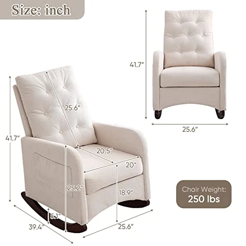 JEEOHEY Nursery Rocking Chair, Modern Upholstered Button Tufted Fabric Rocker Glider Chairs Single Sofa Armchair W/Solid Wood Legs, Side Pockets For Nursery Room, Living Room, Beige