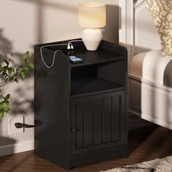 ChooChoo Nightstand With Charging Station, Modern End Side Table With Cabinet And Open Storage For Bedroom, Living Room, Black