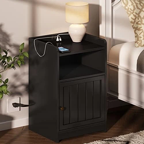 ChooChoo Nightstand With Charging Station, Modern End Side Table With Cabinet And Open Storage For Bedroom, Living Room, Black - Image 5