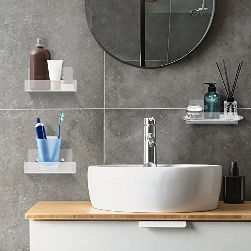 Douildhaiy 3 Pack Acrylic Small Floating Shelf For Wall Storage,4'' Clear Mini Adhesive Shelf For Living Room,Bathroom,Bedroom (Adhesive&Drilling) - Image 5