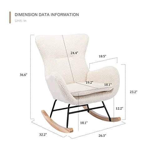 Tsuysi Teddy Rocking Chair Nursery, Upholstered Rocking Chairs With High Backrest And Armrests, Small Glider Chair For Nursery, Living Room, Bedroom (Beige) - Image 3