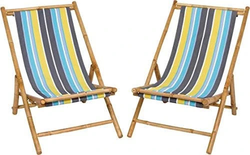 Statra Folding Bamboo Sling Chair Set Of 2, Blue Stripes - Image 7