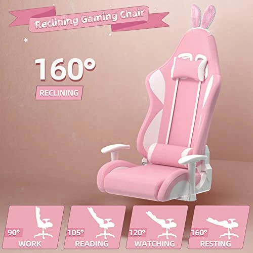 MUZII Pink Gaming Chair, Video Game Chairs, Racing Office Gaming Chairs For Adults Girls, PU Leather Computer Chair, PC Gamer Chair With Headrest And Lumbar Support - Image 3