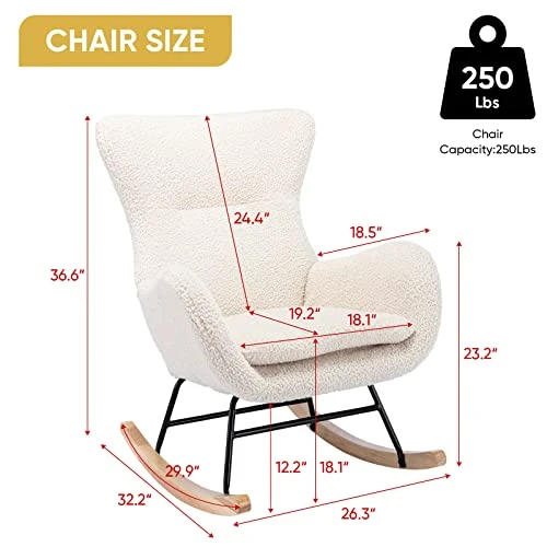 GEEVIVO Teddy Velvet Rocking Chair, Upholstered Accent Glider Rocker For Baby Nursery, Comfy Armchair Side Chair With High Backrest With High Backrest For Living Room, Bedroom (Beige, Teddy Velvet) - Image 2