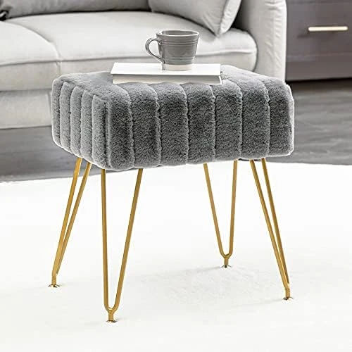 Modern Mink Square Footstool Ottoman Bench, White Faux Fur Vanity Stool With Gold Legs, Comfy Vanity Chair Entryway Bench, Makeup Stools For Vanity, Plush Fluffy Footrest For Bedroom, Living Room - Image 13