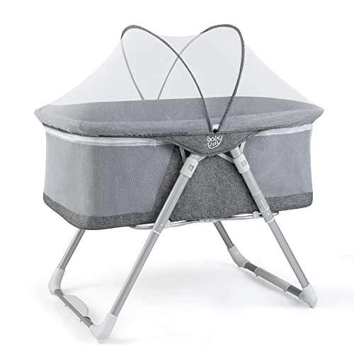BABY JOY Bassinet, 2 In 1 Rocking Bassinet For Baby W/Detachable Curtain Cloth, Mattress, Breathable Mesh, Adjustable Height, Quick Folding Crib W/Travel Bag For Newborn Infants, Portable Bassinet - Image 4