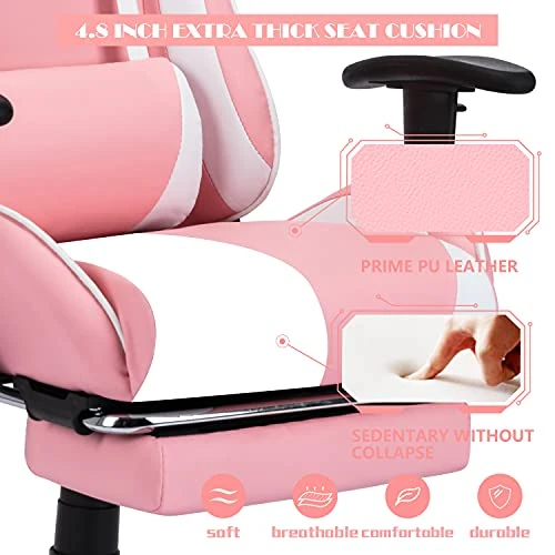 Pink Gaming Chair,Gaming Chair With Footrest,High Back Ergonomic Gaming Chair Adjustable,Racing Style PU Leather Gamer Chair,Massage Gaming Chair With Headrest And Lumbar Support - Image 3