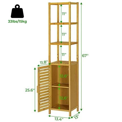 VIAGDO Bathroom Storage Cabinet, Tall Slim Cabinet With Shutter Door And 3 Tier Shelves, Freestanding Linen Tower Cabinet For Living Room, Kitchen, Bathroom Organizer, Natural Bamboo - Image 4