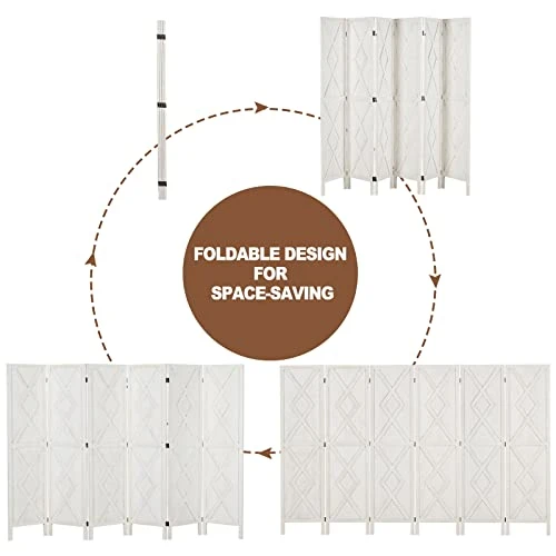 Wnutrees 6 Panel Wood Room Divider,Rustic Folding Privacy Screens Room Divider, Farmhouse Freestanding Partition Wall Dividers Screen,Temporary Wall For Home Restaurant Bedroom (White)