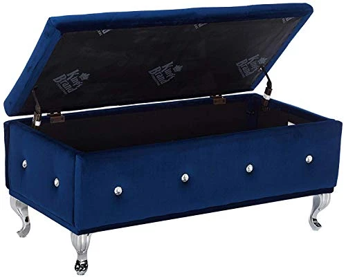 Kings Brand Furniture Blue Velvet Tufted Design Upholstered Storage Bench Ottoman - Image 3