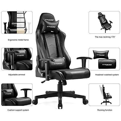 GTRACING Gaming Chair Racing Office Computer Ergonomic Video Game Chair Backrest And Seat Height Adjustable Swivel Recliner With Headrest And Lumbar Pillow Esports Chair,Black - Image 2