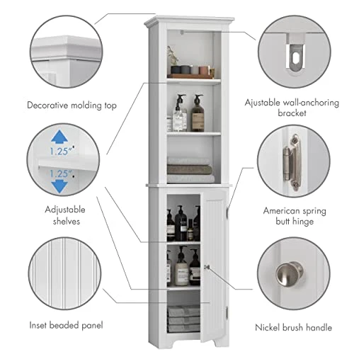 UTEX 64" Freestanding Storage Cabinet, Bathroom Tall Cabinet With Doors And Shelves, Free Standing Linen Tower, Home Storage Furniture,White - Image 3
