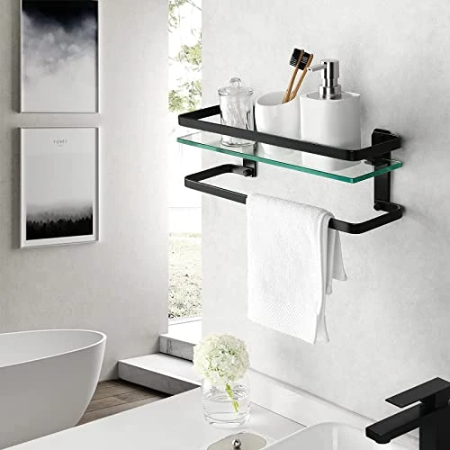 KES Bathroom Shelf Extra 8 MM-Thick Tempered Glass With Aluminum Bar And Rail Storage Organizer Retangular Rustproof Wall Mount Black, A4127A-BK