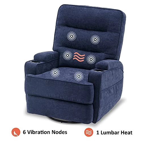 MCombo Electric Power Swivel Glider Recliner Chair With Heat And Vibrating For Nursery, USB Ports, Pillow, Cup Holders, Remote Control, Fabric 7752 (Navy Blue) - Image 6