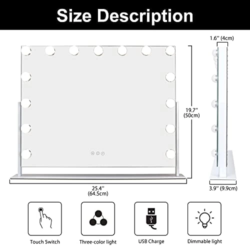 AIKVSXER Large Vanity Mirror With Lights, Hollywood Vanity Mirror, Hollywood Mirror With Lights, 15 Dimmable LED 3 Colors, USB Charging Port, Sturdy Metal Frame Design - Image 6