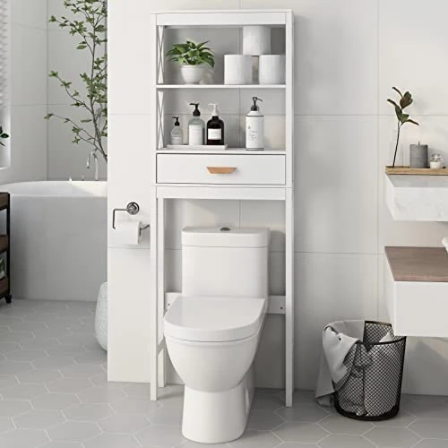 OQSC Bathroom Shelf Over The Toilet X- Frame Bathroom Organizer With 1 Drawer And Open Shelves Bathroom Space Saver(White) - Image 2