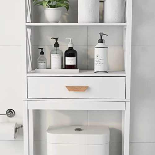 OQSC Bathroom Shelf Over The Toilet X- Frame Bathroom Organizer With 1 Drawer And Open Shelves Bathroom Space Saver(White) - Image 5