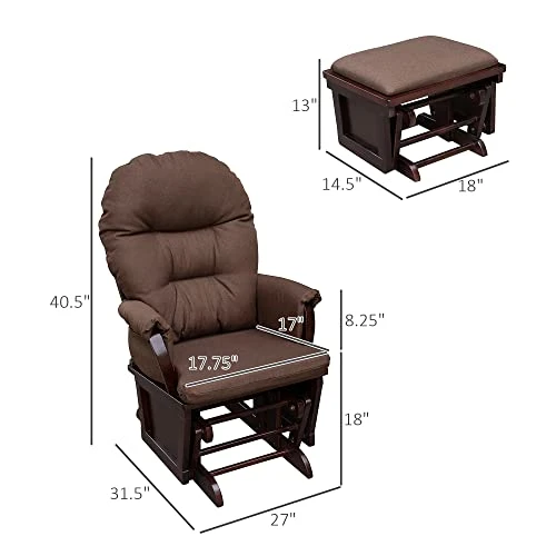 HOMCOM Nursery Glider Rocking Chair With Ottoman, Thick Padded Cushion Seating And Wood Base, Brown - Image 3