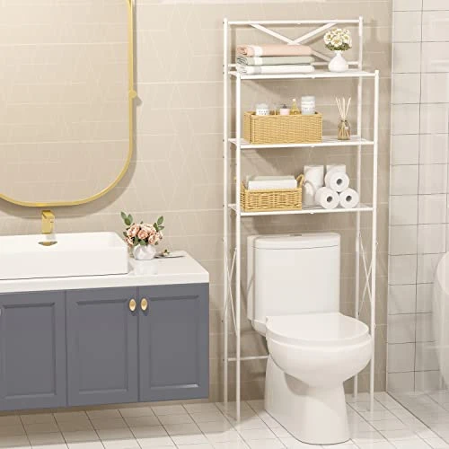 Tajsoon 3-Tier Over The Toilet Storage, Multifunctional Bathroom Organizer Over Toilet, Space Saver Bathroom Shelf Over Toilet, Stable Freestanding Toilet Rack With X Shape Fixed Frame, Metal, White - Image 3