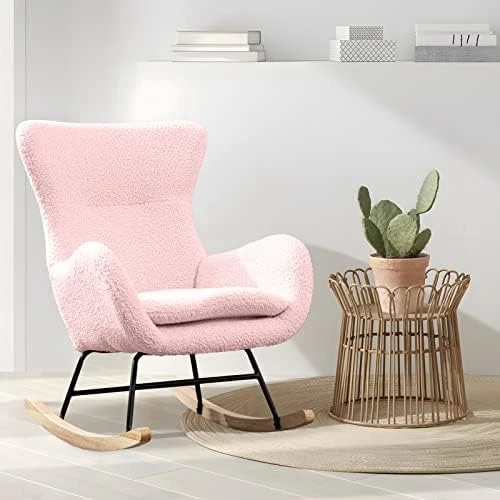 GEEVIVO Teddy Velvet Rocking Chair, Upholstered Accent Glider Rocker For Baby Nursery, Comfy Armchair Side Chair With High Backrest With High Backrest For Living Room, Bedroom (Beige, Teddy Velvet) - Image 12