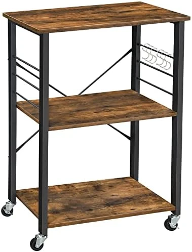 VASAGLE ALINRU Kitchen Cart, Kitchen Shelf On Wheels, Coffee Cart With 3 Shelves, Microwave Shelf, For Mini Oven, Toaster, Metal Frame With 6 Hooks, Industrial Design, Beige UKKS060B02 - Image 4