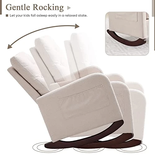 JEEOHEY Nursery Rocking Chair, Modern Upholstered Button Tufted Fabric Rocker Glider Chairs Single Sofa Armchair W/Solid Wood Legs, Side Pockets For Nursery Room, Living Room, Beige - Image 5