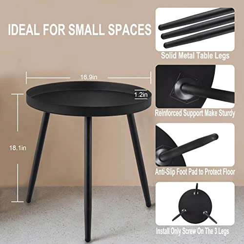 AOJEZOR End Table,Accent Table Ideal For Any Room-Side Table Living Room,Side Tables Bedroom,Side Table Waterproof Metal Structure Great For Indoor & Outdoor,Matte Black Tray Surface With 3 Legs - Image 3