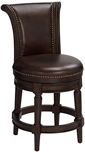 55 Downing Street Addison Walnut Wood Swivel Bar Stool Brown 26" High Traditional Scroll Mocha Grain Leather Upholstered Round Cushion With Backrest Footrest For Kitchen Counter Island Home - Image 7