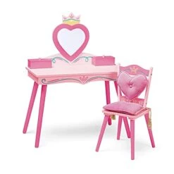 Wildkin Kids Princess Wooden Vanity And Chair Set For Girls, Vanity Features Mirror And Attached Jewelry Box And Music Box, Includes Matching Chair With Removable Backrest And Seat Cushion (Pink)