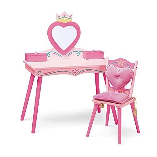 Wildkin Kids Princess Wooden Vanity And Chair Set For Girls, Vanity Features Mirror And Attached Jewelry Box And Music Box, Includes Matching Chair With Removable Backrest And Seat Cushion (Pink)
