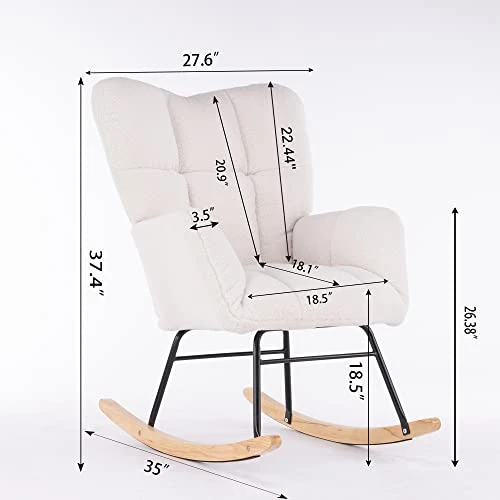 Krinana Teddy Fabric Nursery Rocking Chair, Rocker Armchair With Solid Wood Legs, Glider Chair Nursery With High Backrest For Living Room Apartment (Teddy Fabric, Ivory White) - Image 2