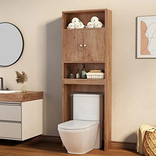 RUNOLIG Bathroom Cabinet Over Toilet, Above Toilet Storage Cabinet Shelves With Double Doors, Over Toilet Bathroom Organizer With 2 Open Storage Shelves, Freestanding Tall Bathroom Space Saver (Grey) - Image 8