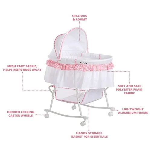 Dream On Me Lacy Portable 2-in-1 Bassinet & Cradle In Pink And White, Lightweight Baby Bassinet With Storage Basket, Adjustable And Removable Canopy - Image 2