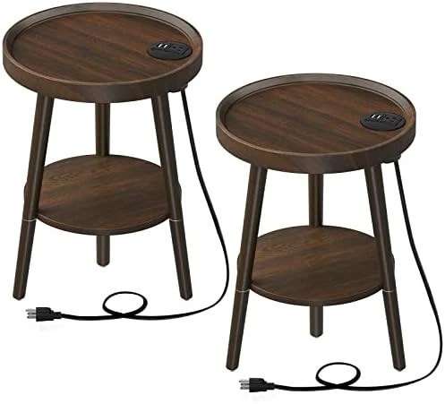 GREENSTELL End Table With Charging Station, Round Side Table With Storage Shelf, USB Ports And Anti-Drop Fence, 2-Tier Small Nightstand Sofa Table For Living Room, Bedroom White 15.0*15.0*20.4inches - Image 7