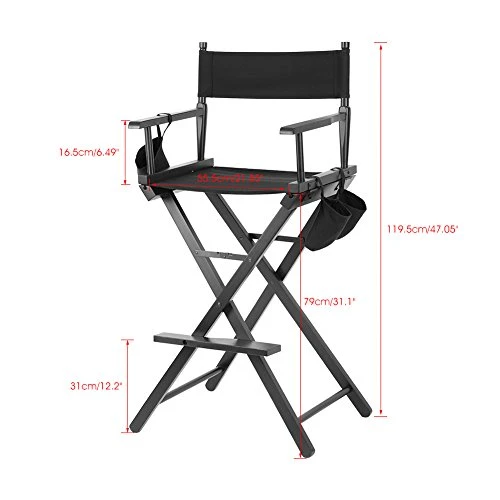 Foldable Makeup Director Chair, Tall Artist Professional Directors Chair With Storage Bag Cup Holder-Black - Image 3