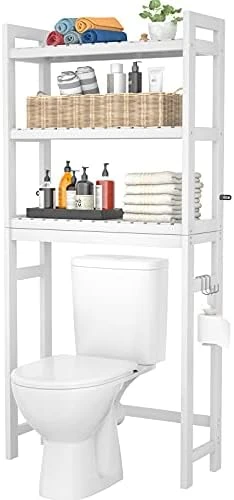 Homykic Over The Toilet Storage, Bamboo 3-Tier Over-The-Toilet Space Saver Organizer Rack, Stable Freestanding Above Toilet Stand With 3 Hooks For Bathroom, Restroom, Laundry, White - Image 10