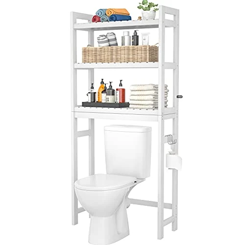 Homykic Over The Toilet Storage, Bamboo 3-Tier Over-The-Toilet Space Saver Organizer Rack, Stable Freestanding Above Toilet Stand With 3 Hooks For Bathroom, Restroom, Laundry, White