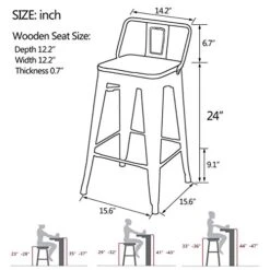 Yongqiang Metal Bar Stools With Backs Set Of 4 Kitchen Counter Height Stools With Wooden Seat 24" Matte Black