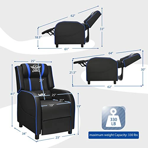 POWERSTONE Gaming Recliner Chair, Reclining Gaming Chair Ergonomic Leather Sofa With Footrest Lumbar Support Headrest And Side Pouch For Living Room Home Theater, Blue - Image 2