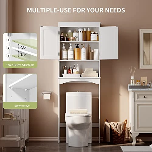 Gizoon Over The Toilet Storage Cabinet With Adjustable Shelf And Double Doors, Bathroom Space Saver Organizer Above Toilet With Open Shelf, Taller Wooden Free Standing Toilet Rack -White - Image 3
