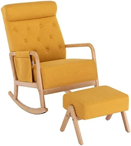 UPYOOE Nursery Rocking Chair Mid-Century Modern Chair With Ottoman Leather Arm Chair High Back with Side Pocket Comfy Glider Rocker Chair For Living Room Baby Room Bedroom (Brown PU Leather) - Image 10