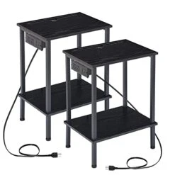 AMHANCIBLE End Table With Charging Station And Phone Holder, Side Table Set Of 2, Nightstand With USB Ports & Outlets For Bedroom, Living Room HET032BK